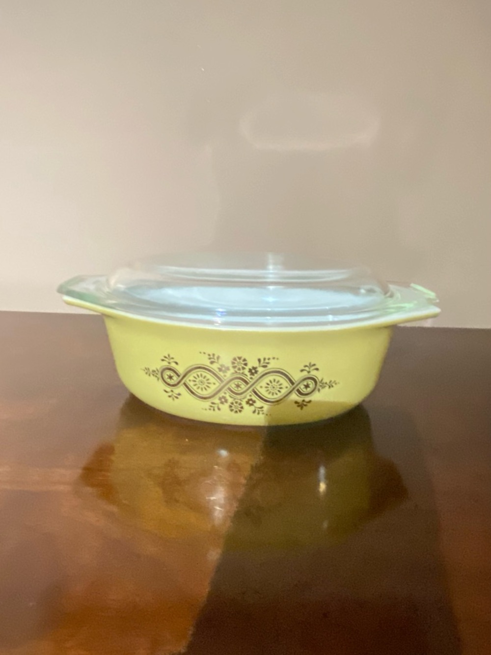 Pyrex Yellow Covered Casserole with Brown Floral Band
